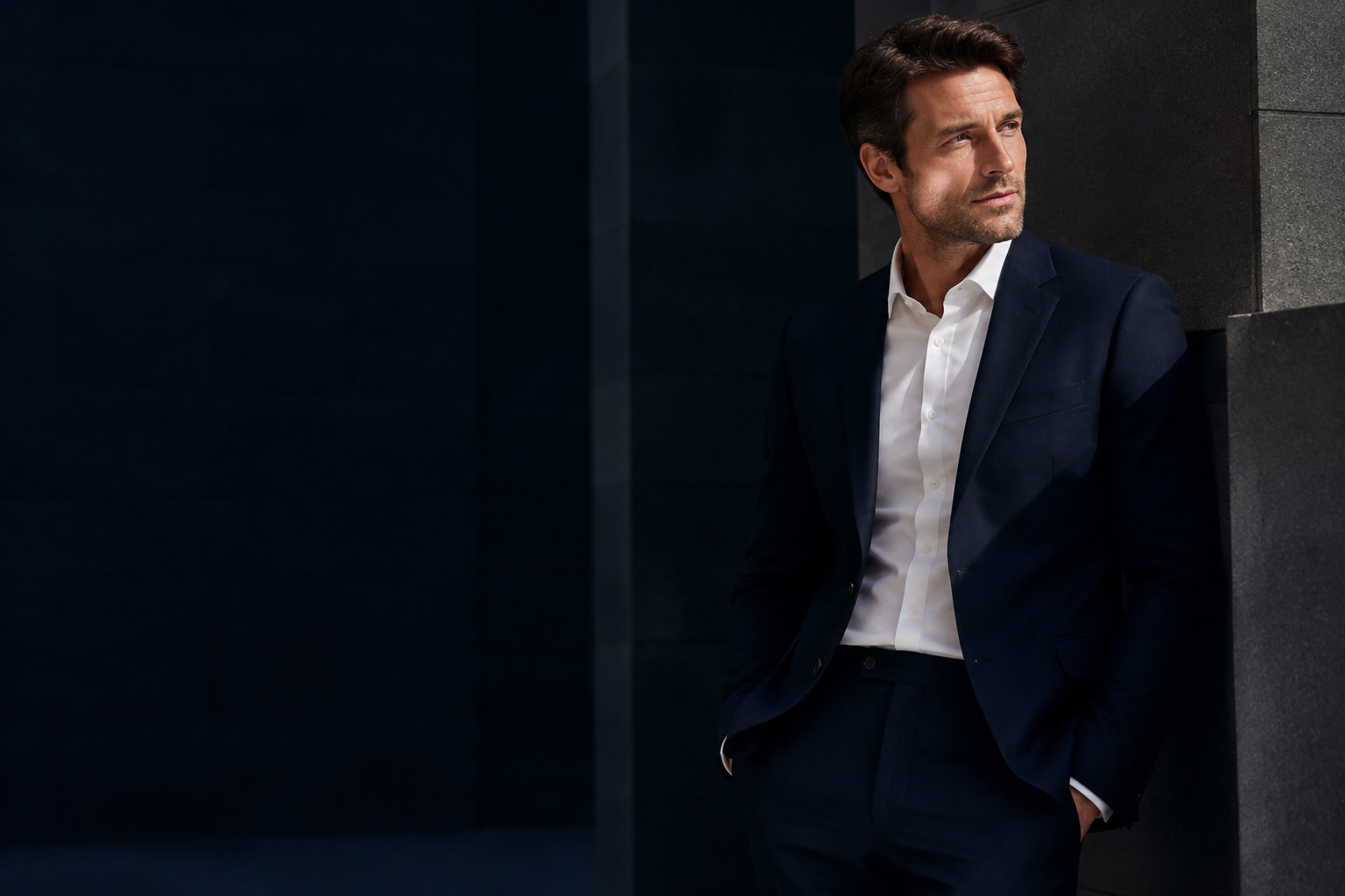 Elegancia masculina con traje azul marino